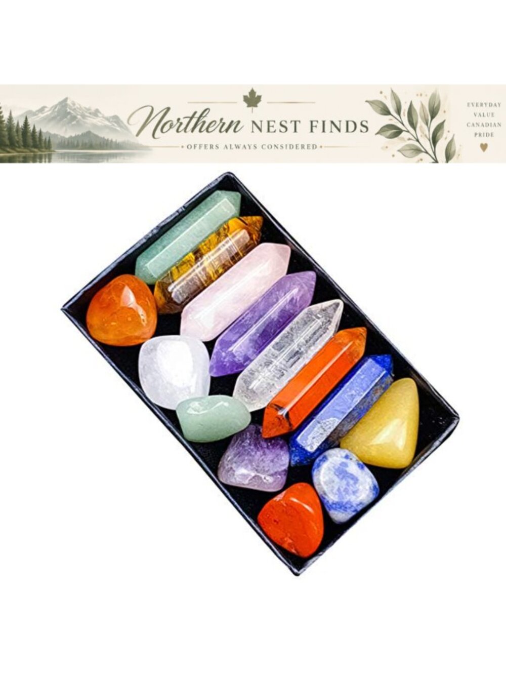 14 Pc Chakra Crystal Wand & Tumbled Stone Healing Set